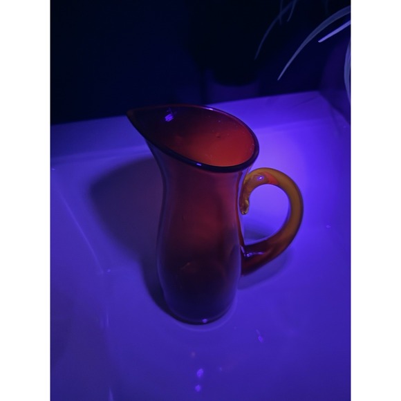 Vintage Small Amberina Glass Hand Blown Glowing Pitcher with Orange Handle 7.5" - Picture 3 of 9